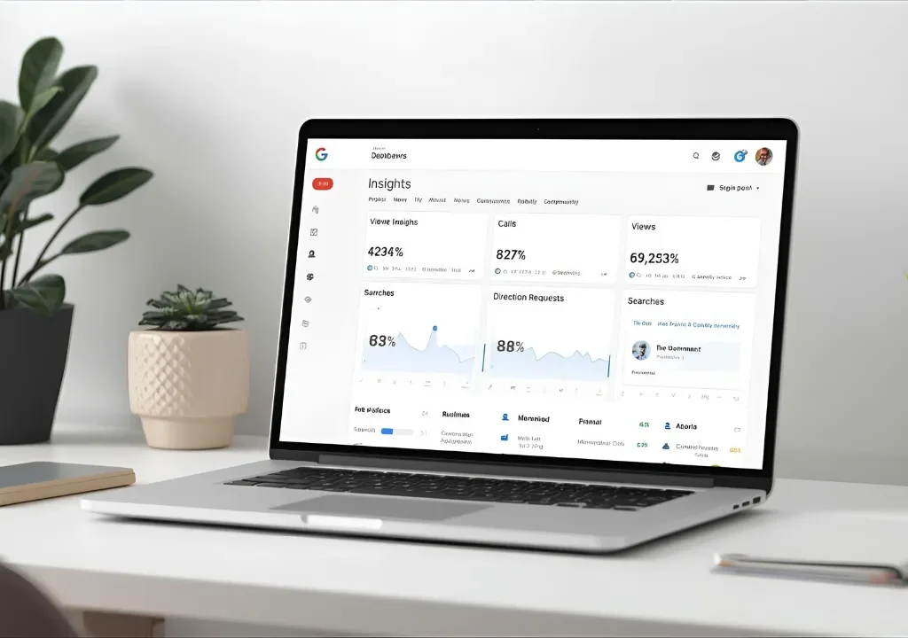 Google Business Profile insights dashboard showing calls, searches, and direction requests