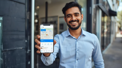 Indian local business owner viewing Google Business Profile listing on smartphone outside a shop