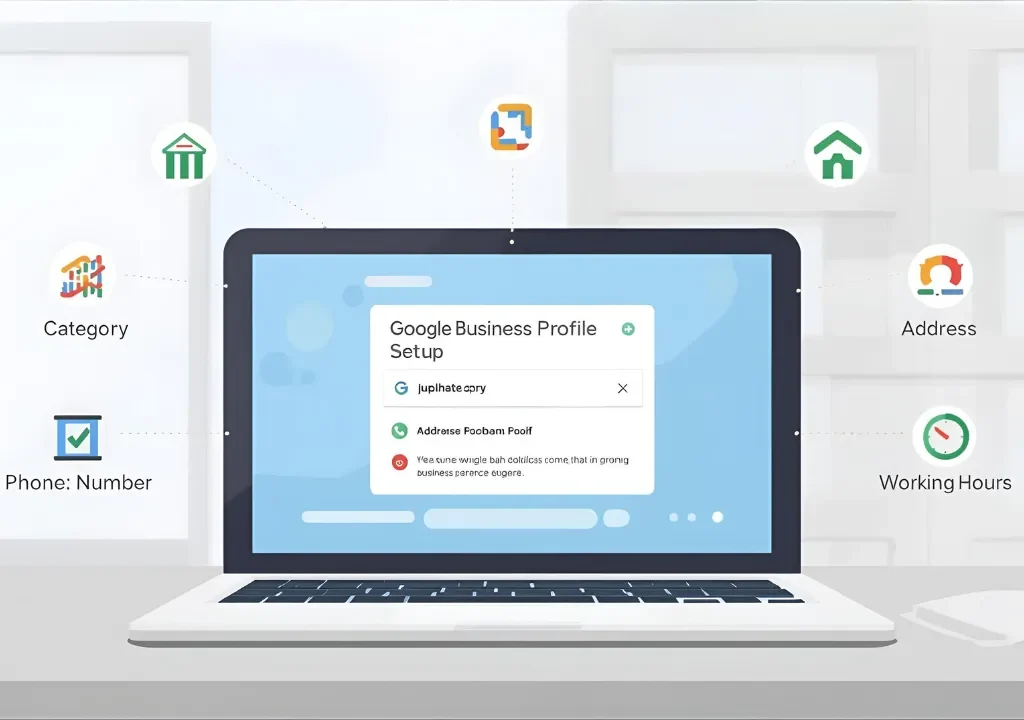 Laptop screen displaying Google Business Profile setup steps including category, address, and verification
