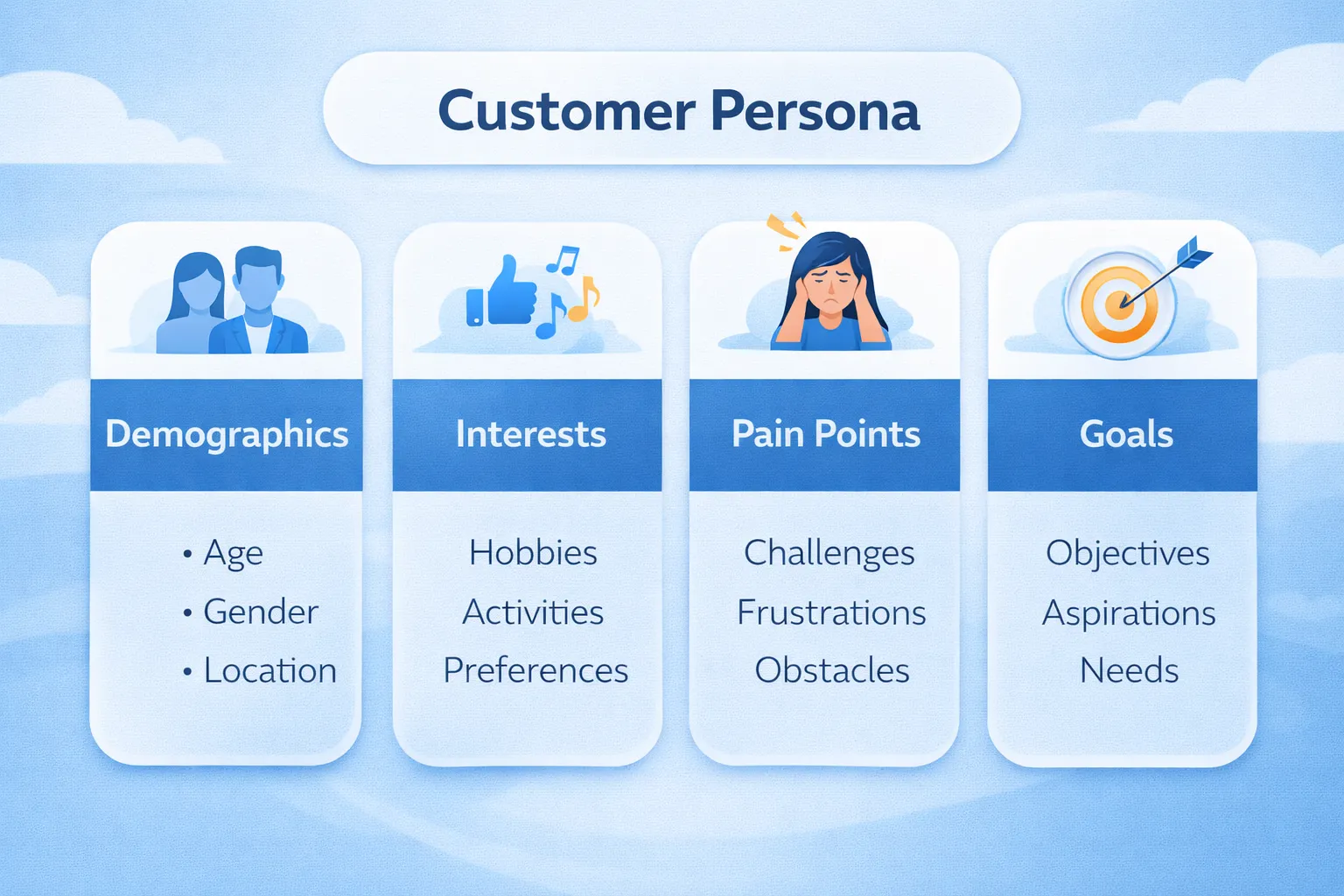 Customer persona infographic showing demographics, interests, pain points, and goals
