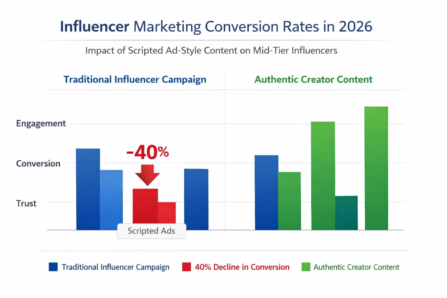 Bar chart illustrating the 40 percent drop in conversion rates for mid-tier influencers using scripted promotional content in 2026