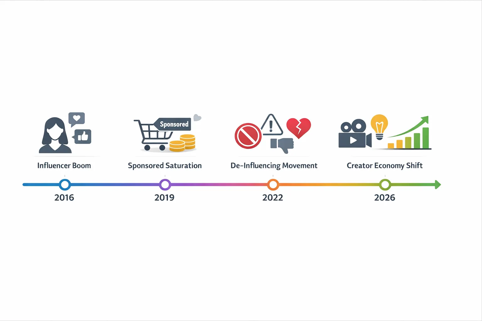 Timeline infographic showing evolution of influencer marketing from influencer boom to de-influencing movement and creator economy shift between 2016 and 2026.