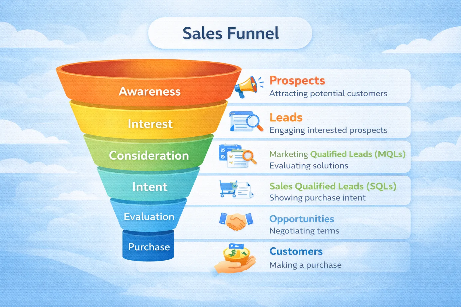 Sales funnel infographic showing stages from awareness to purchase with lead qualification steps