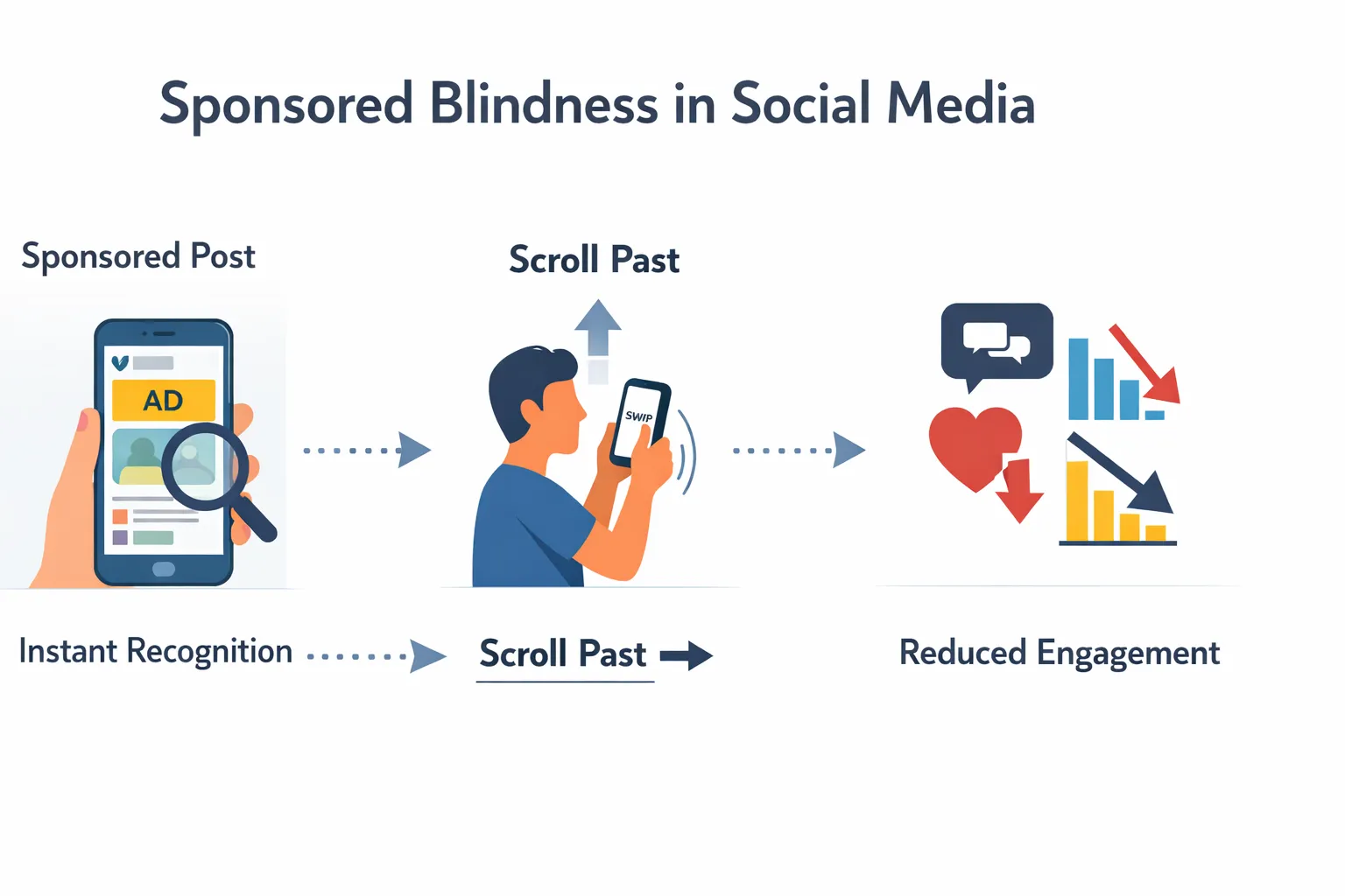 Diagram showing sponsored blindness where social media users instantly identify sponsored posts and scroll past promotional content
