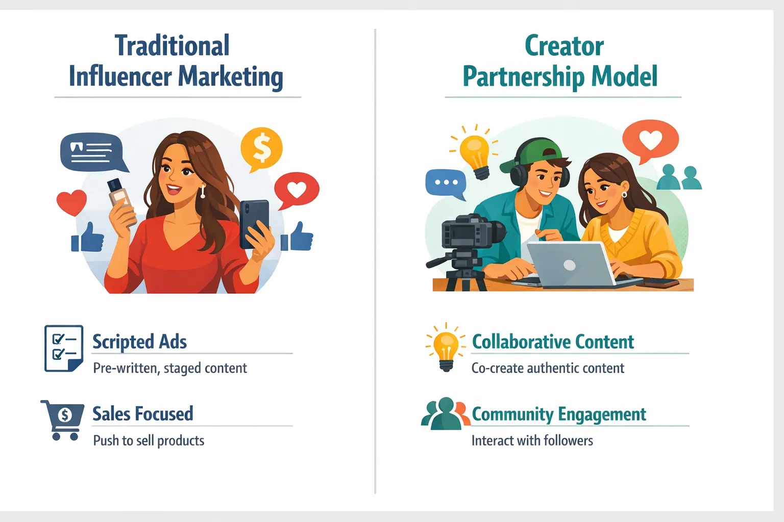 Comparison infographic showing traditional influencer marketing with scripted ads versus authentic creator partnerships and community engagement