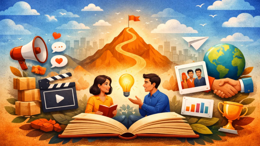 Brand storytelling concept illustration showing people sharing ideas from an open book with marketing, trust, and communication symbols