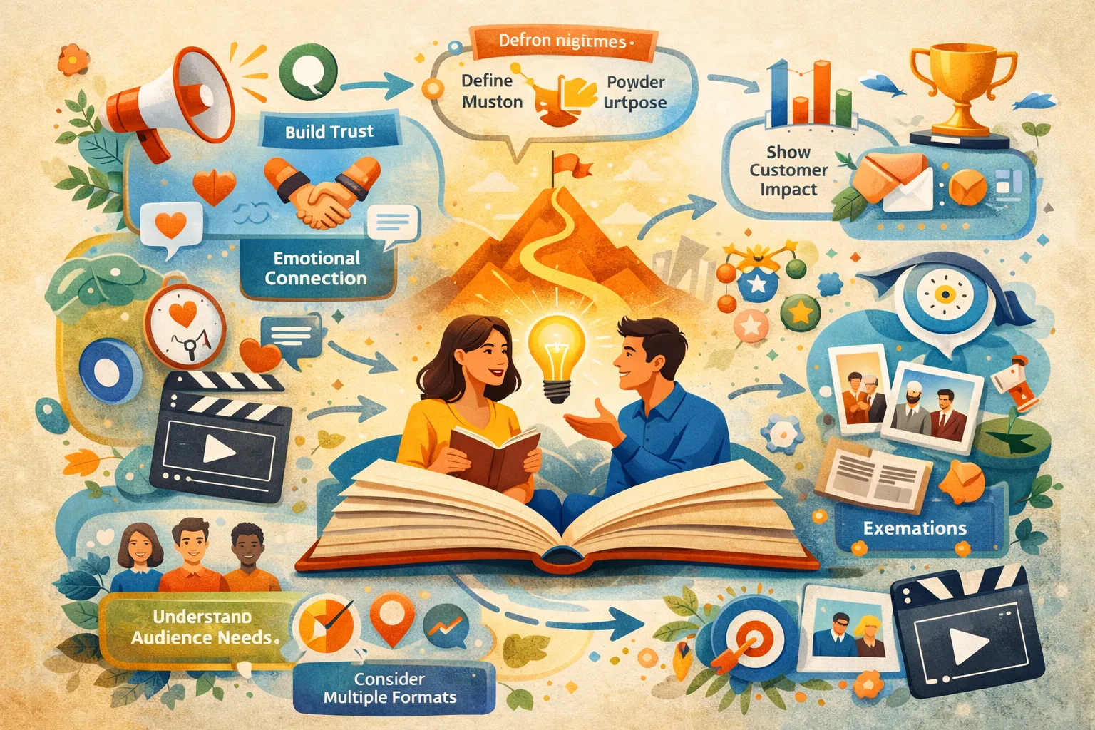 Illustrated infographic showing brand storytelling strategy with trust building, emotional connection, audience understanding, and customer success elements