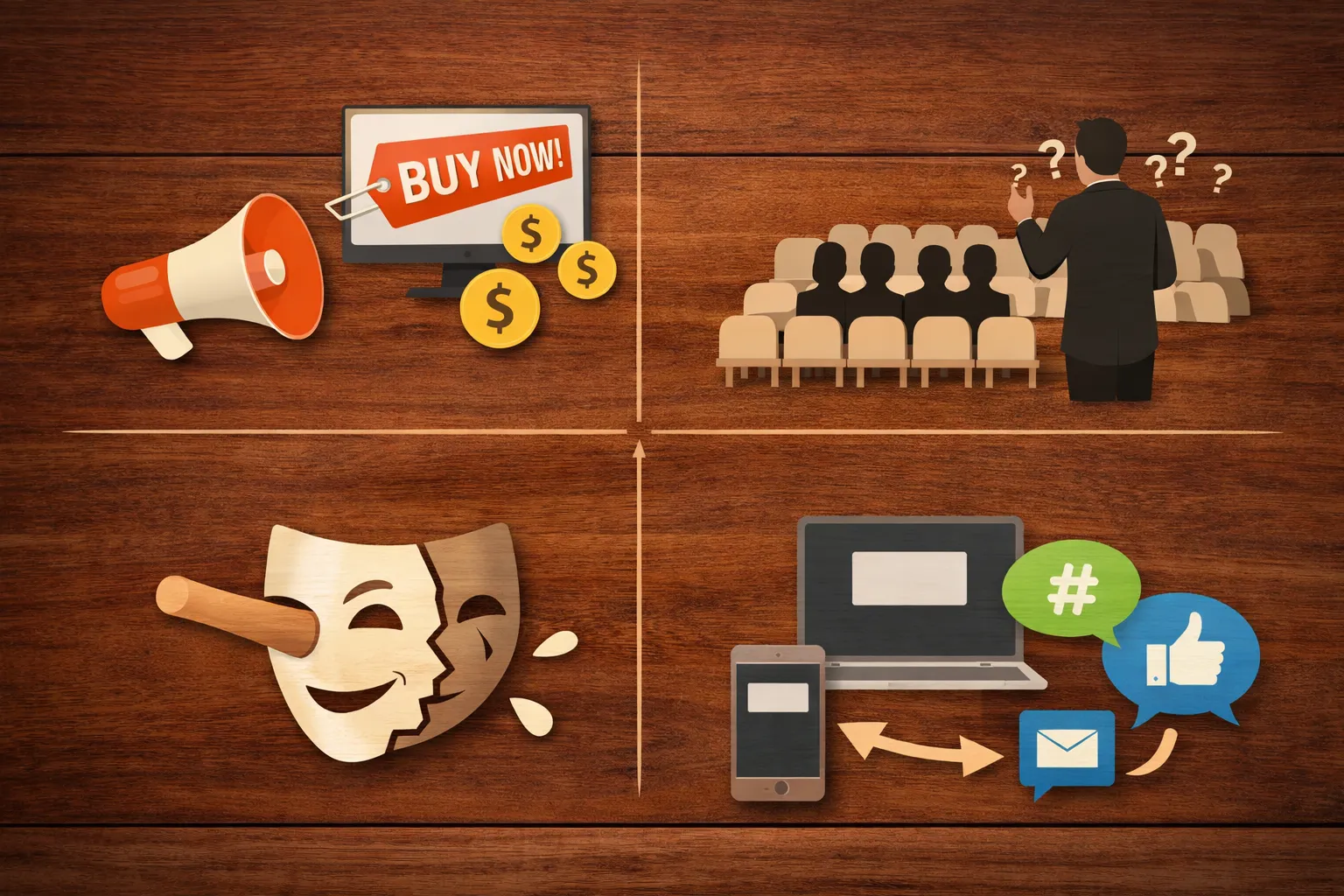 Illustrated infographic showing four visual symbols representing common brand storytelling mistakes: over-promotion using a megaphone and sales screen, ignoring the audience with a confused speaker and disengaged crowd, lack of authenticity represented by a broken theatrical mask, and inconsistent messaging shown through multiple digital devices and social media icons.