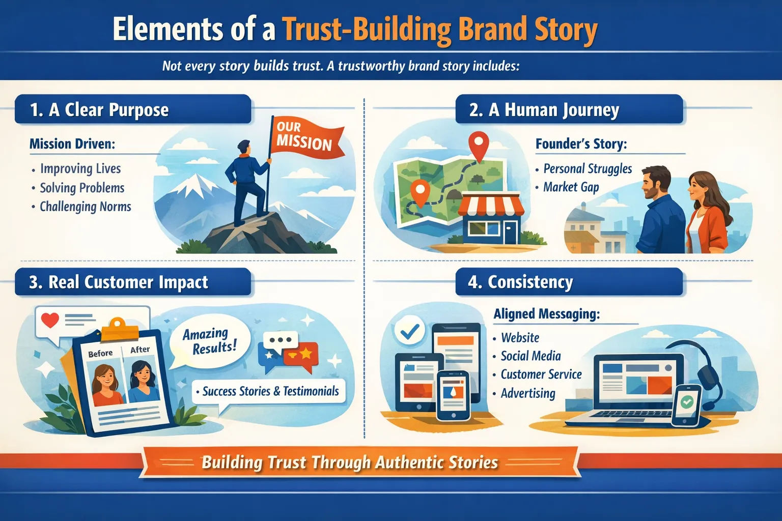 Infographic showing the key elements of a trust-building brand story including clear purpose, human journey, real customer impact, and consistent messaging across platforms.