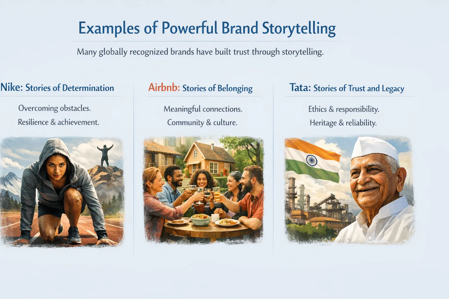 Illustration showing examples of powerful brand storytelling including Nike focusing on determination, Airbnb highlighting belonging and community, and Tata representing trust, ethics, and legacy.