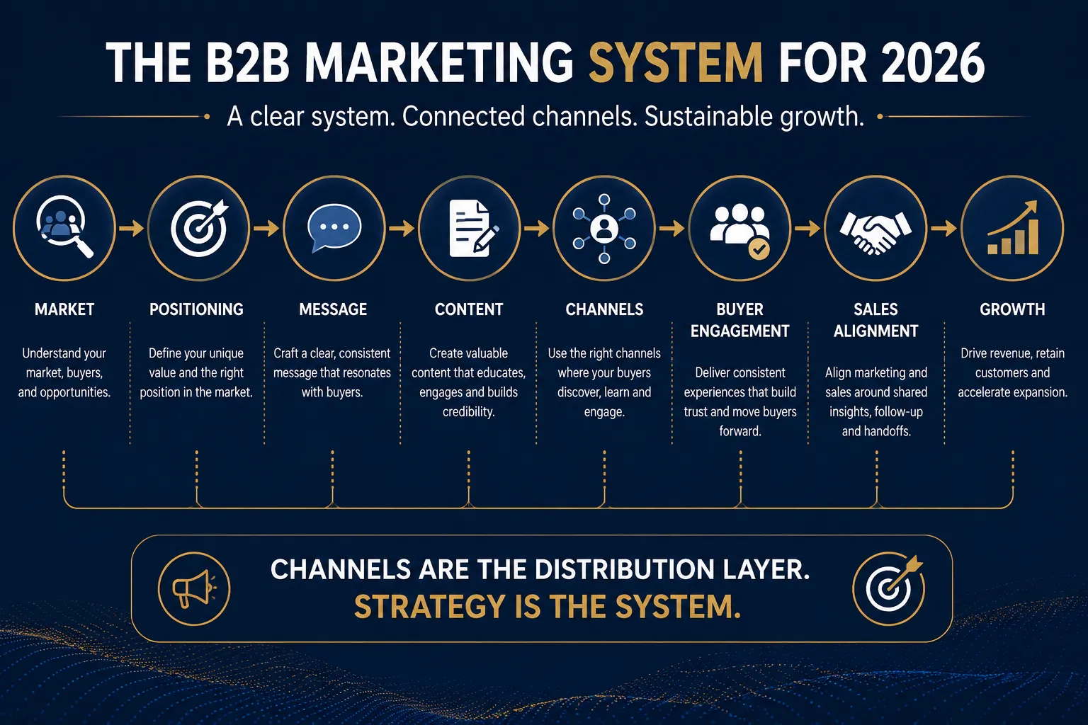 B2B marketing system connecting market positioning messaging content channels sales and growth