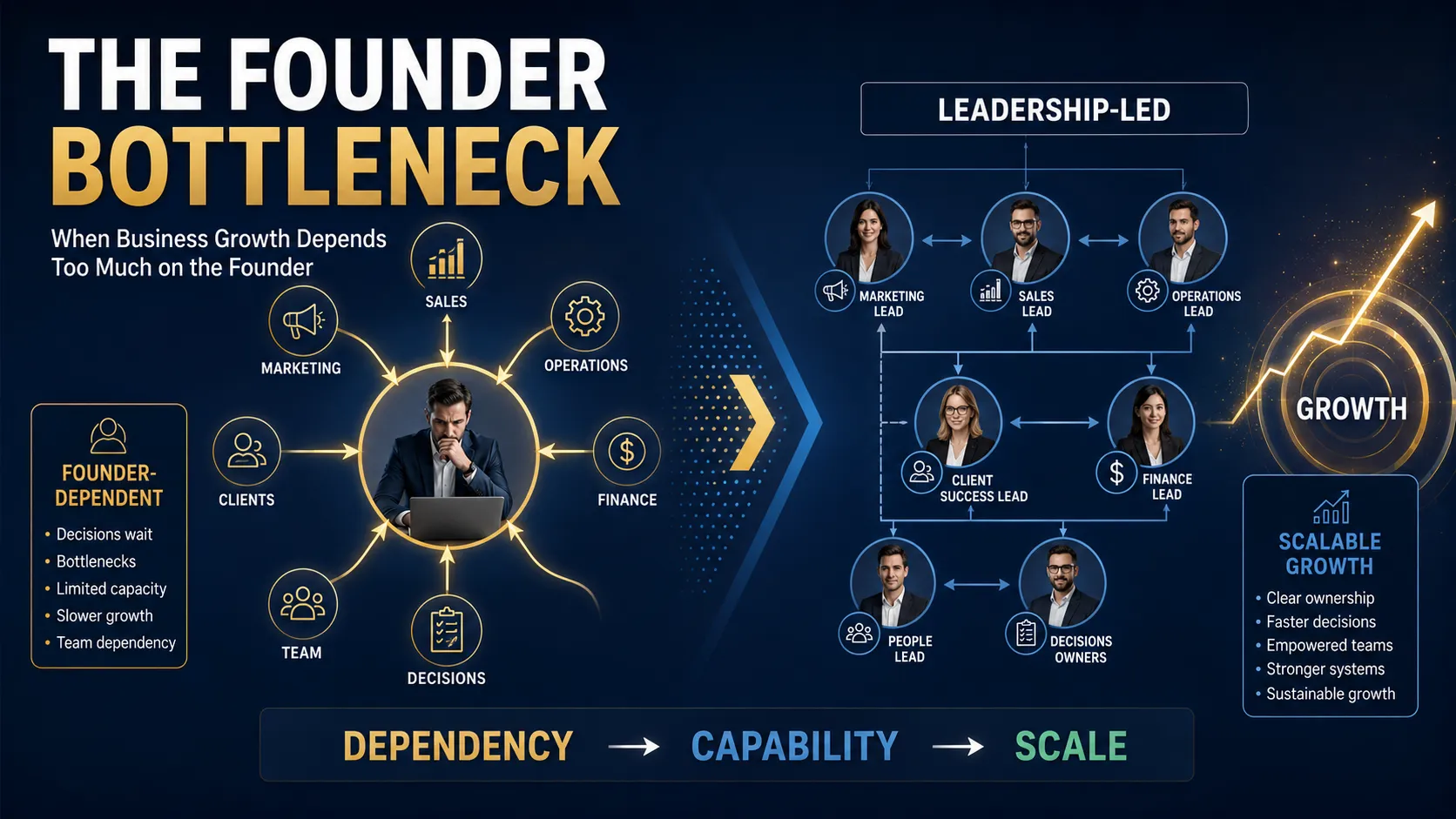 founder bottleneck showing business growth depending too heavily on the founder