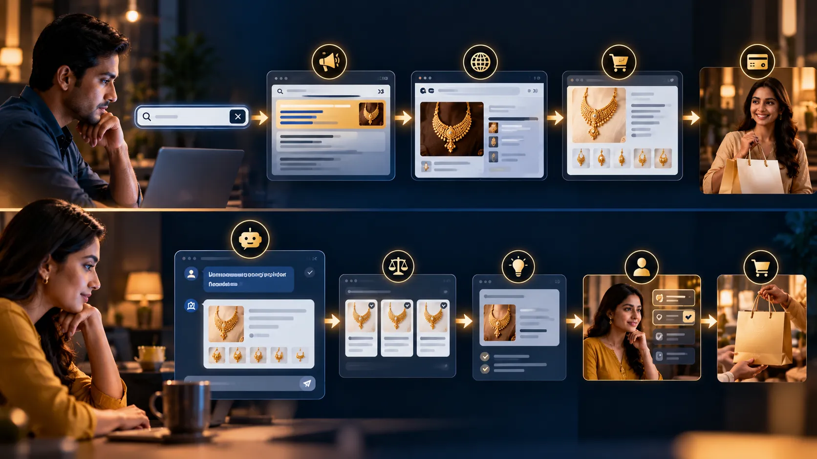 AI-powered customer journey showing search, product discovery, comparison, recommendation and purchase.