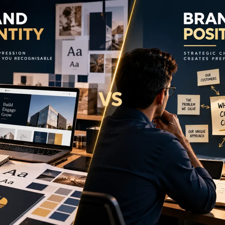 Marcom Trends editorial illustration contrasting brand positioning with brand identity, showing visual branding elements such as a logo and colour palette on one side and strategic questions about differentiation and customer choice on the other.