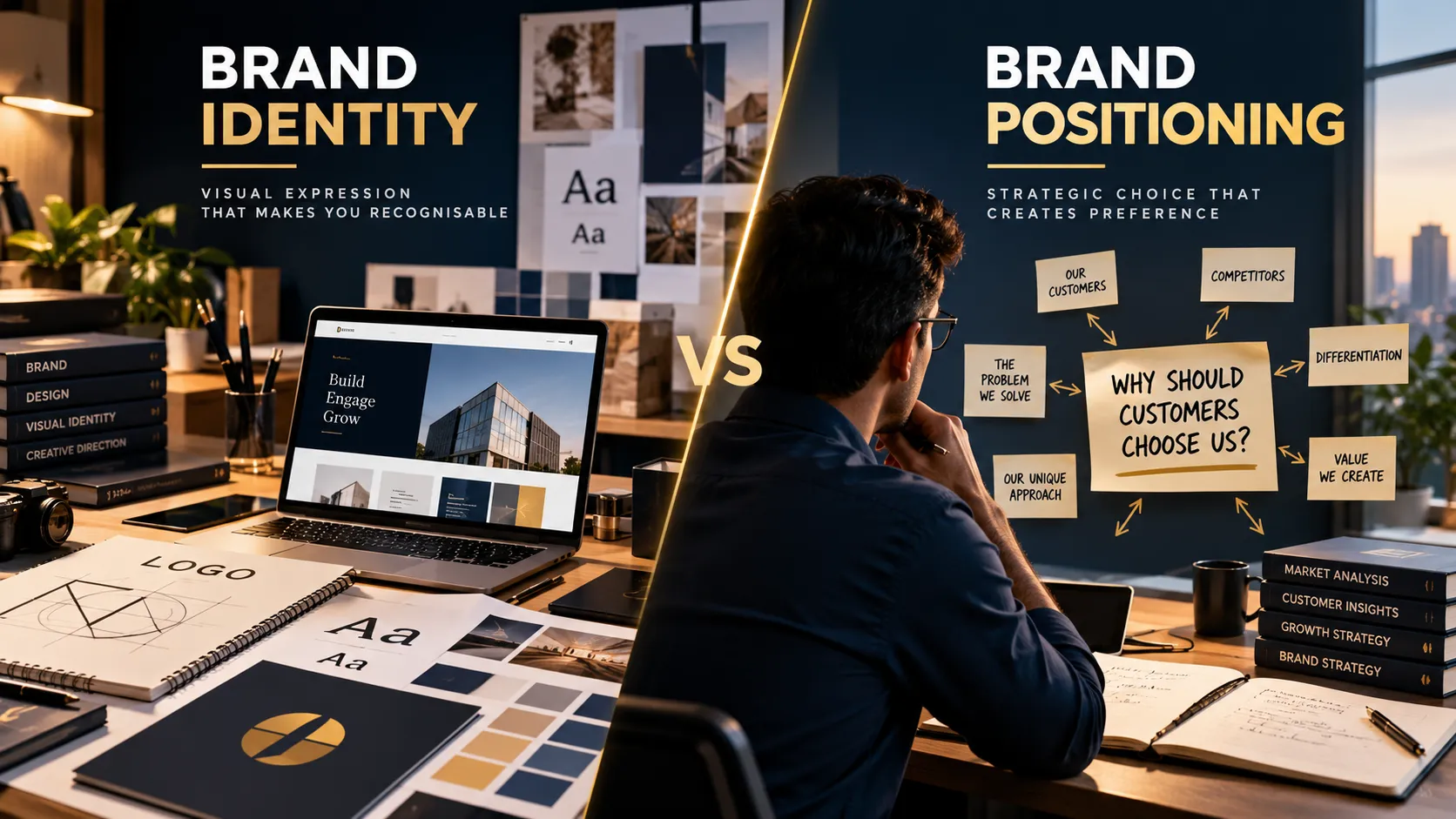 Marcom Trends editorial illustration contrasting brand positioning with brand identity, showing visual branding elements such as a logo and colour palette on one side and strategic questions about differentiation and customer choice on the other.