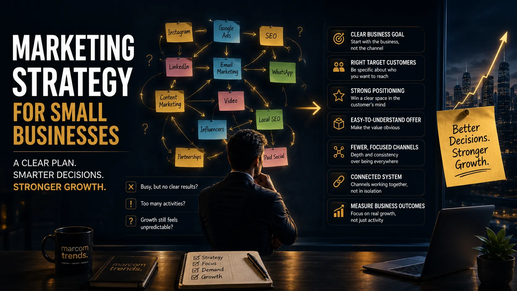 marketing strategy for small business showing the 7 building blocks that drive growth