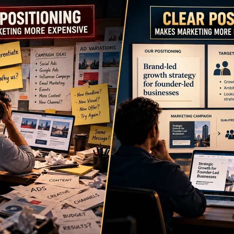 Marcom Trends editorial illustration showing how weak brand positioning forces marketing to spend more effort explaining, differentiating and converting, compared with a clear focused brand position.