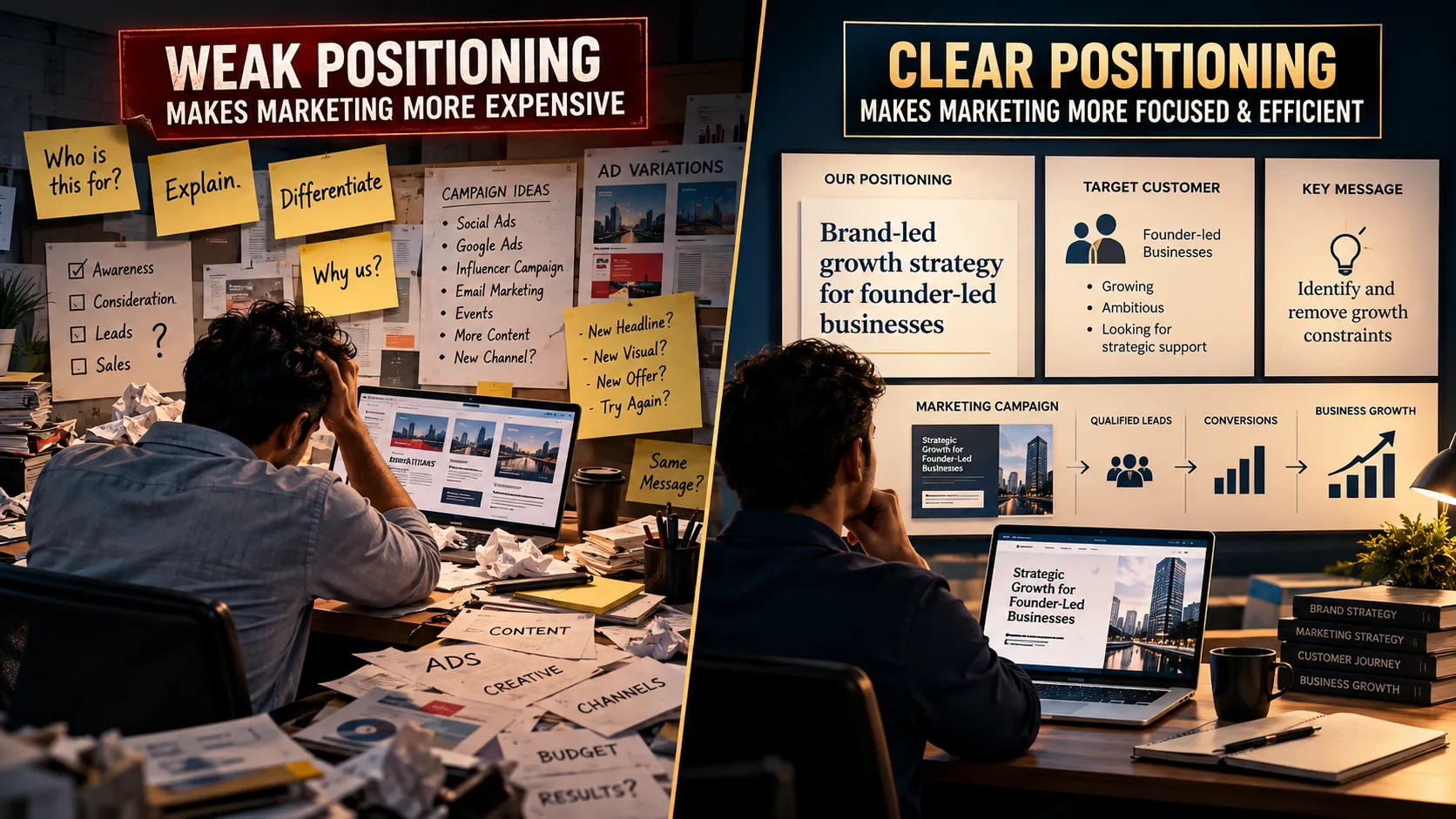 Marcom Trends editorial illustration showing how weak brand positioning forces marketing to spend more effort explaining, differentiating and converting, compared with a clear focused brand position.