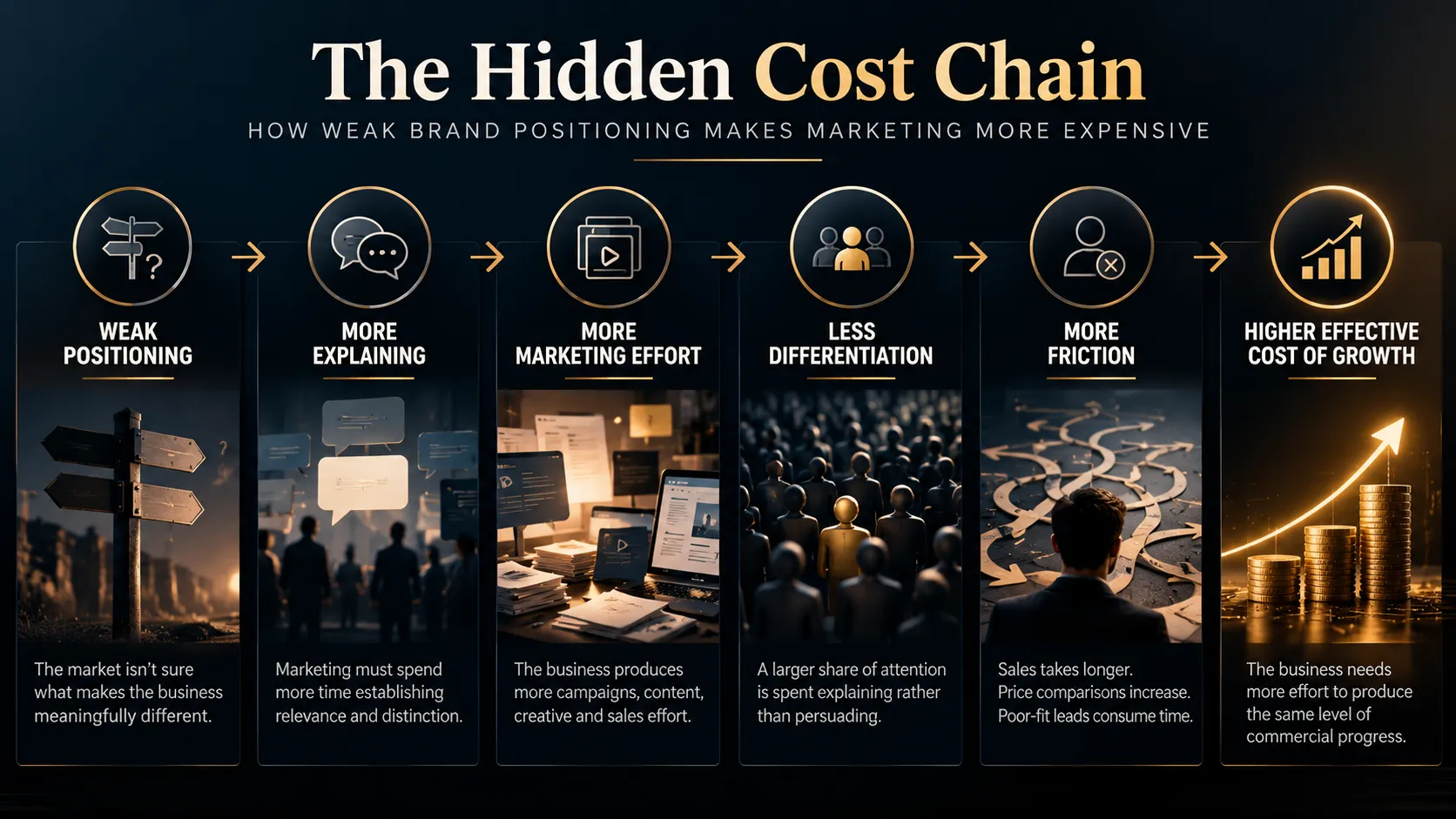 Marcom Trends framework showing how weak brand positioning can lead to more explaining, greater marketing effort, weaker differentiation, more customer friction and a higher effective cost of growth.