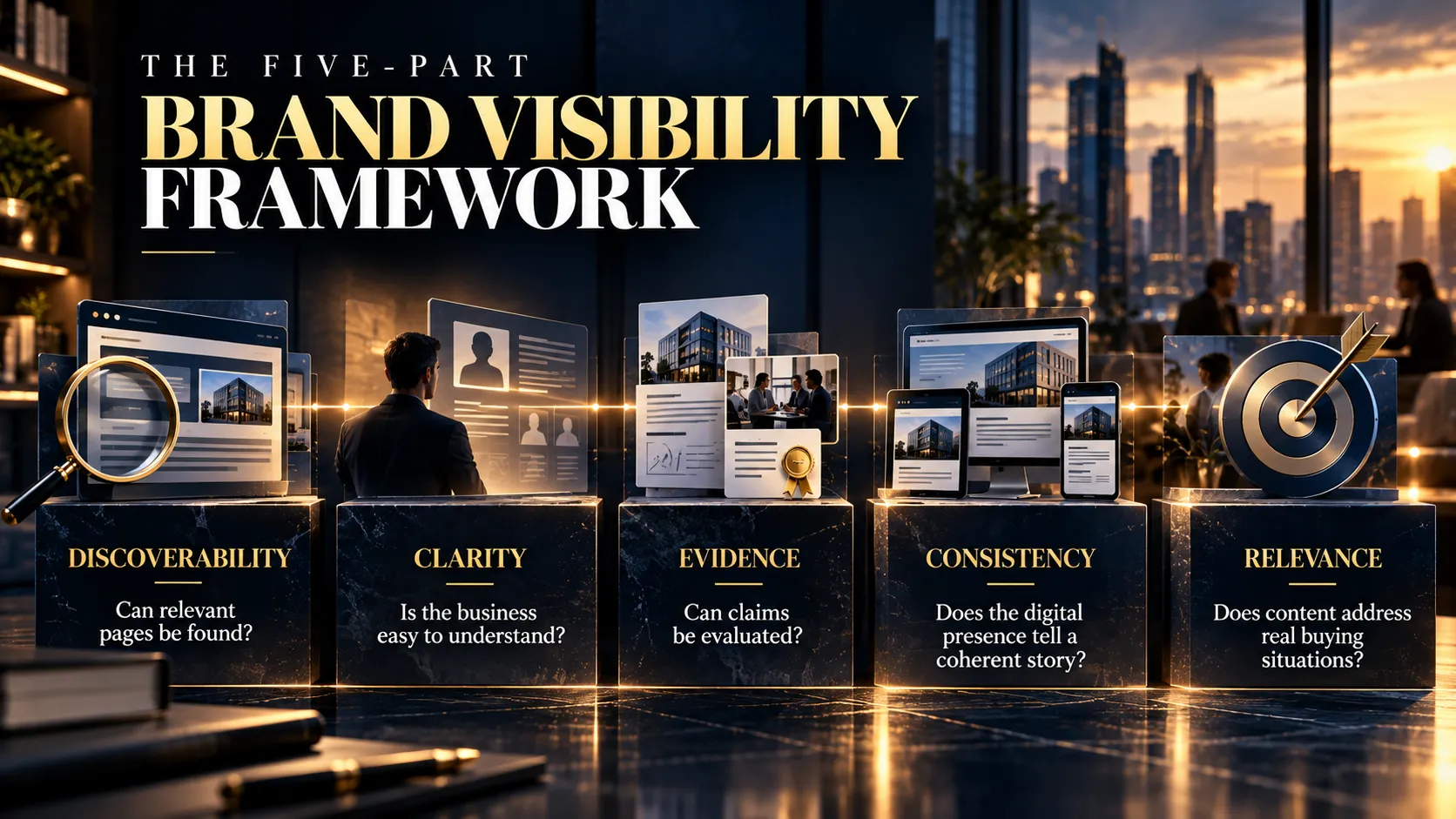 Five-part brand visibility framework covering discoverability, clarity, evidence, consistency and relevance.