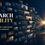 Abstract business information signals converging into a clear brand identity for AI search visibility.
