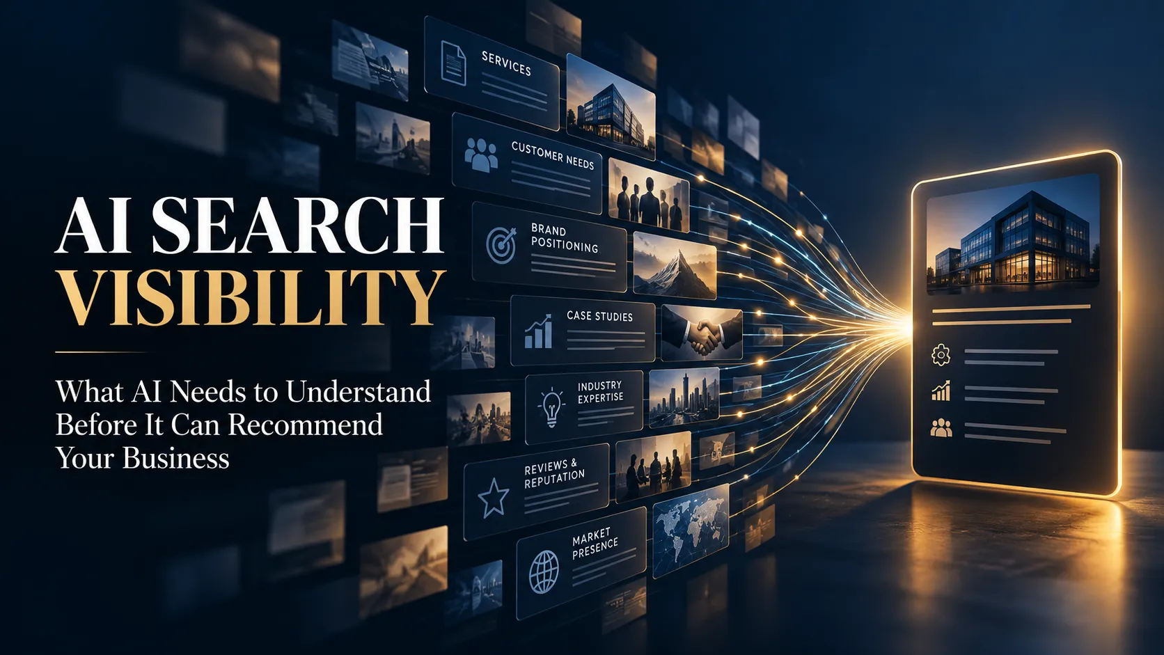 Abstract business information signals converging into a clear brand identity for AI search visibility.