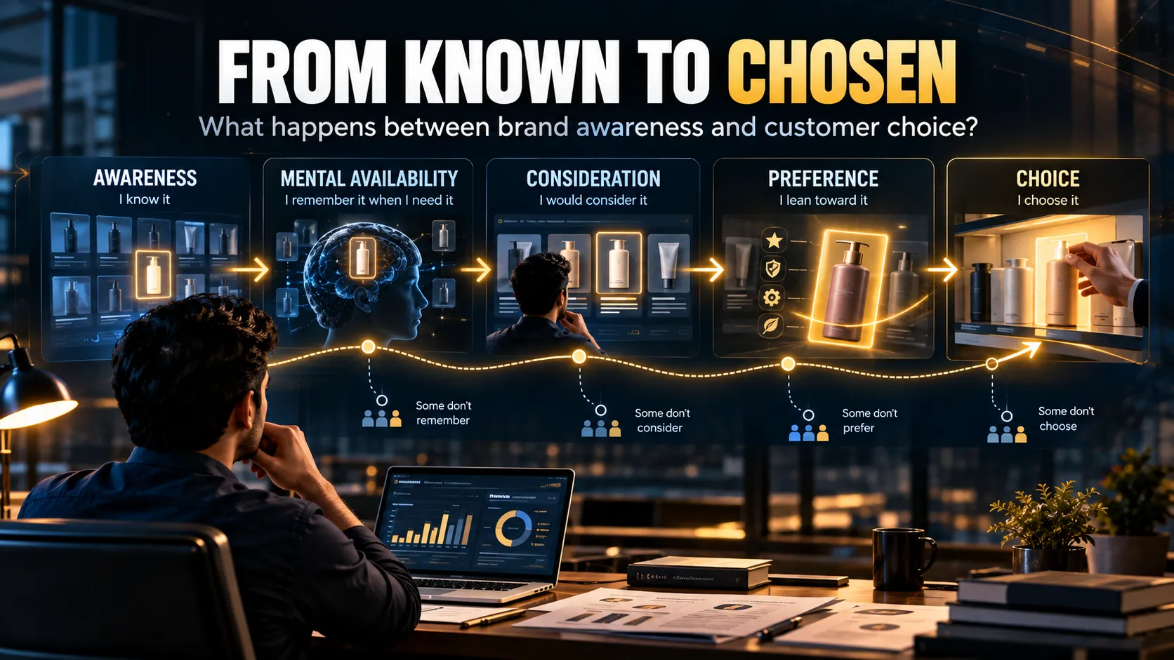 Awareness to choice customer journey showing awareness, mental availability, consideration, preference and choice