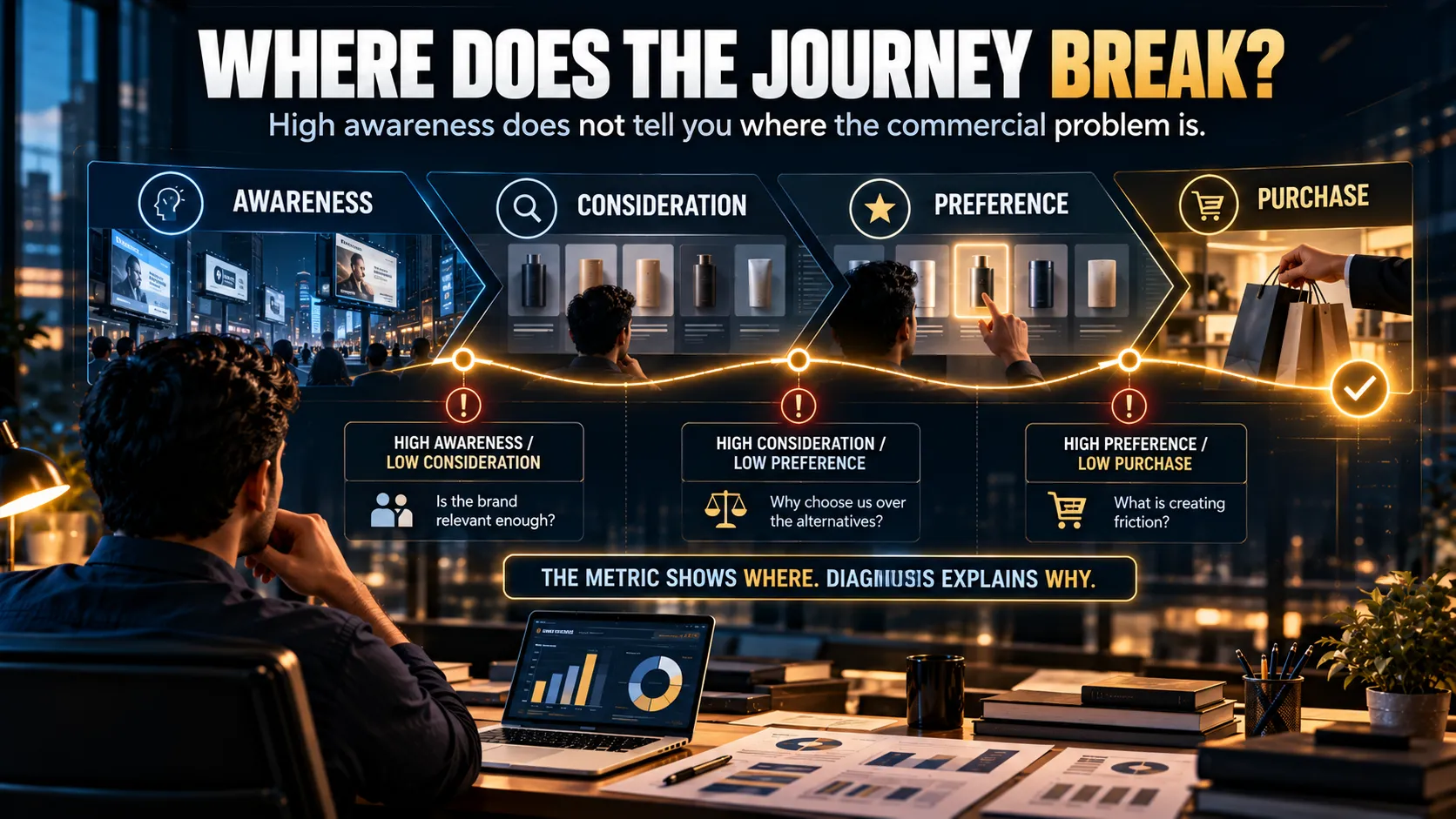 Brand awareness to choice diagnostic showing where customers drop off between awareness, consideration, preference and purchase