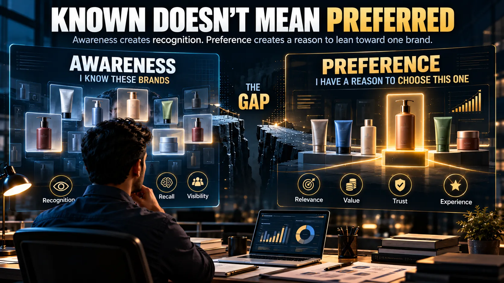 Brand awareness versus brand preference showing recognition compared with reasons customers prefer one brand