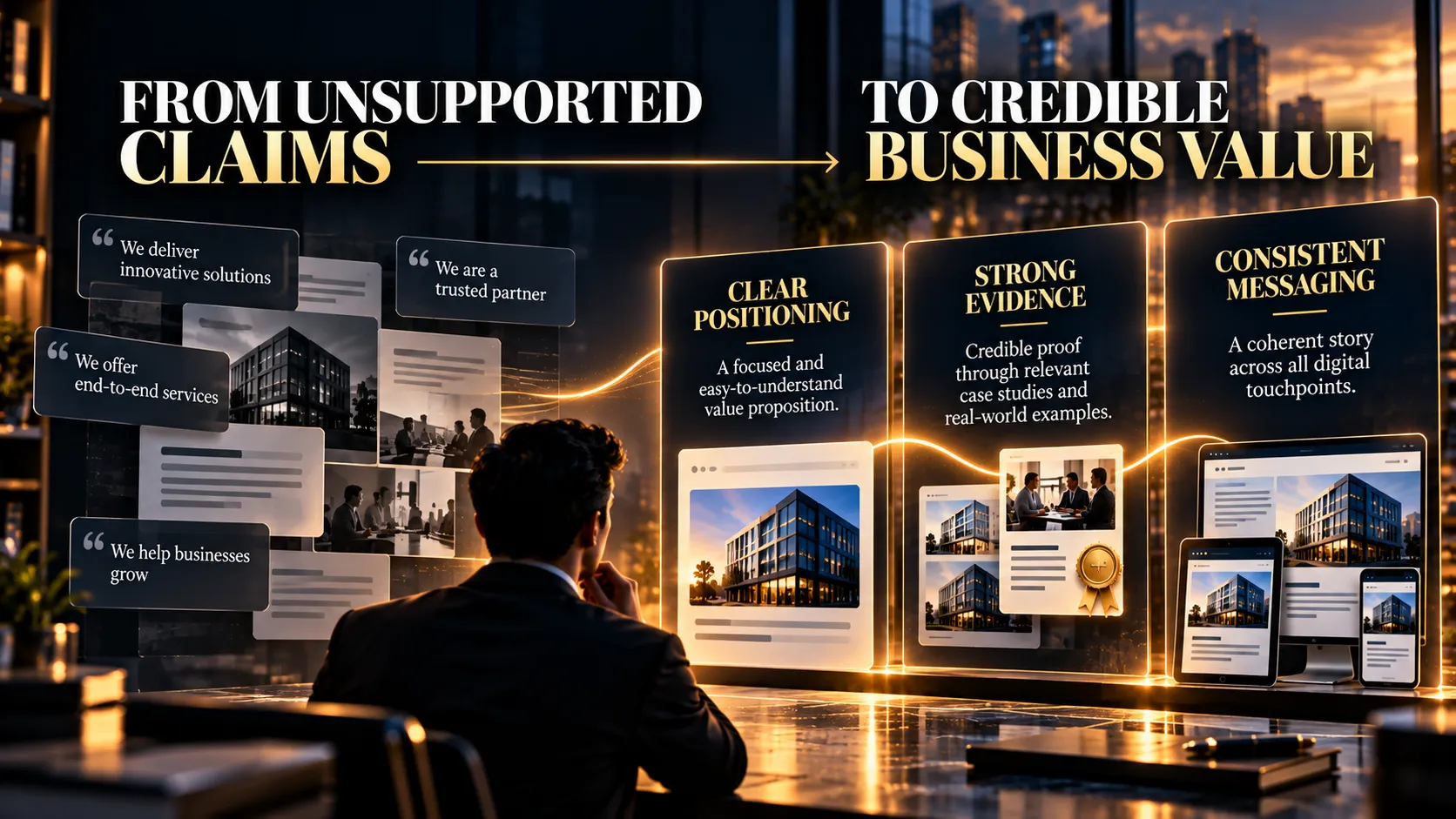 Cinematic illustration showing how clear brand positioning, credible evidence and consistent messaging build business credibility.