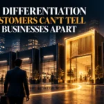 Conceptual illustration of brand differentiation showing one business distinguished among similar-looking competitors.