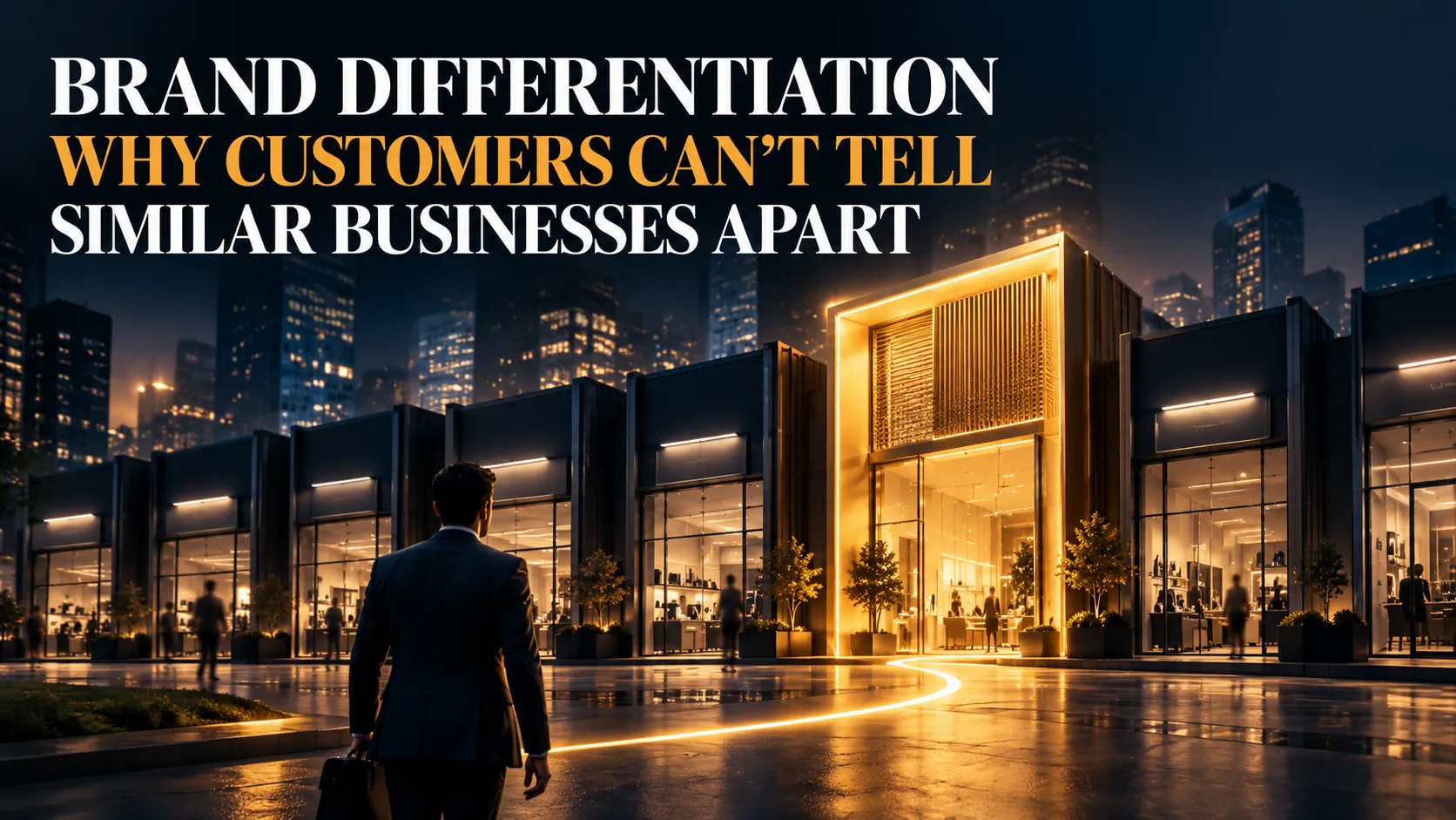 Conceptual illustration of brand differentiation showing one business distinguished among similar-looking competitors.