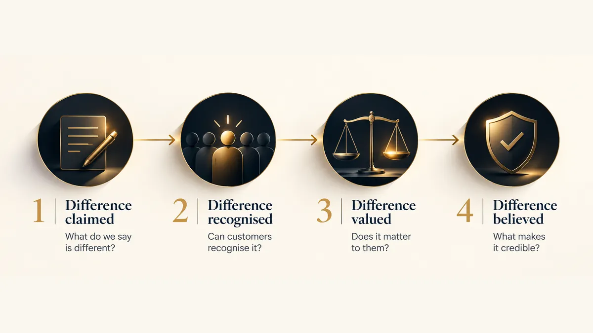Four-stage brand differentiation diagnostic showing the progression from a claimed difference to one customers recognise, value and believe.