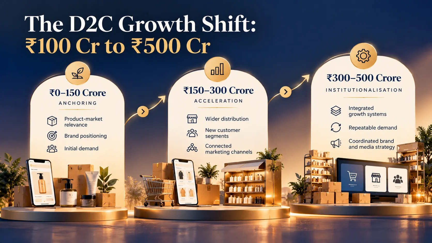 Three stages of D2C brand growth in India, from anchoring at ₹0–150 crore to acceleration and institutionalisation towards ₹500 crore.