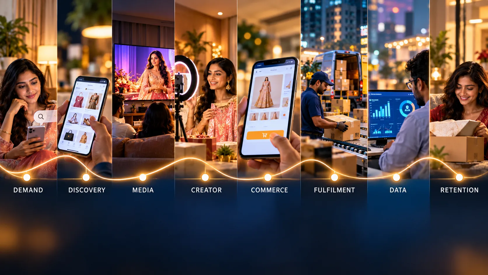 Festive commerce operating system connecting demand, discovery, media, creators, commerce, fulfilment, data and retention
