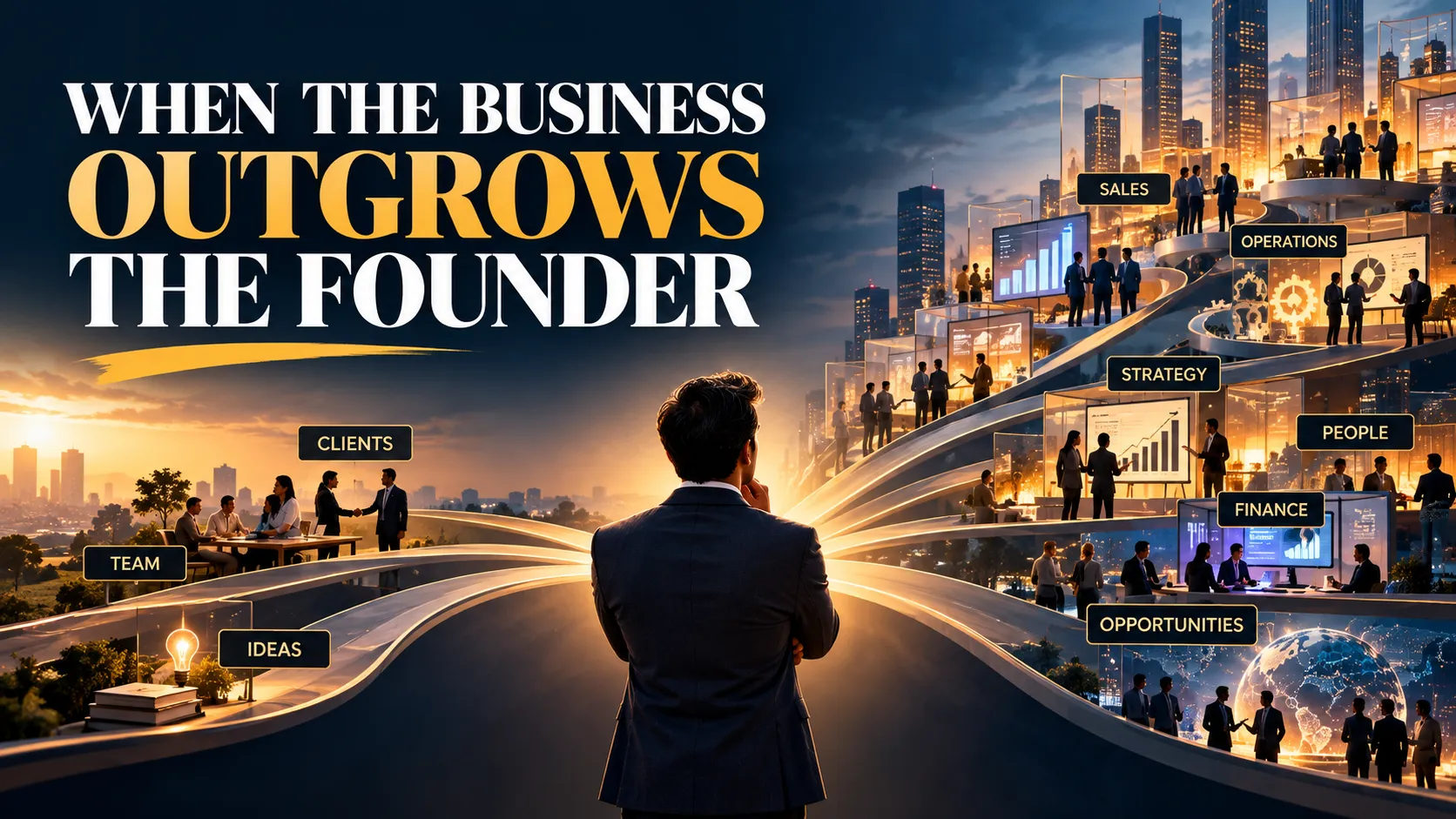 Founder bottleneck showing a growing business becoming dependent on the founder for decisions, relationships and leadership