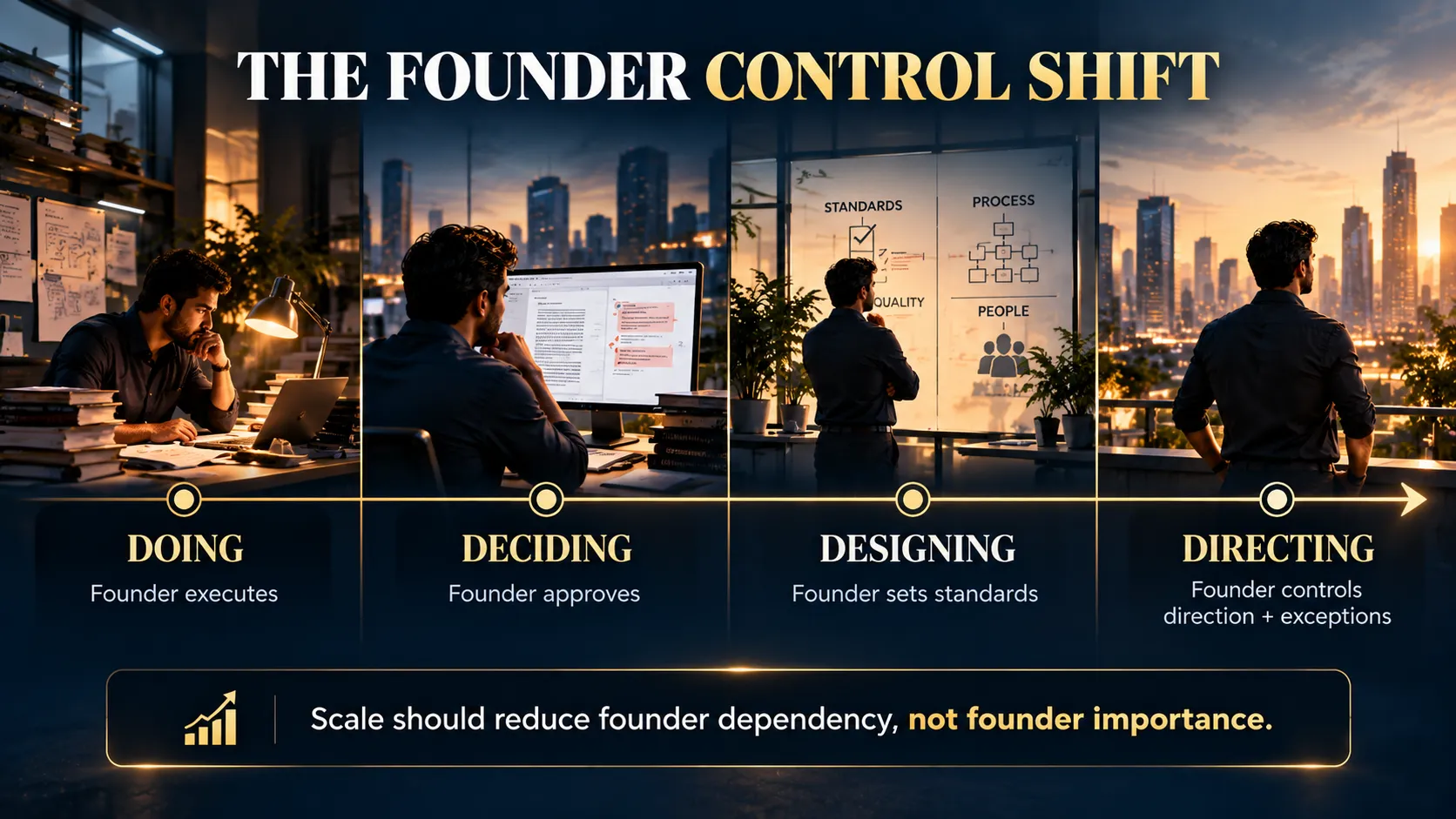 Founder control shift showing how scaling moves a founder from doing and approving toward designing and directing