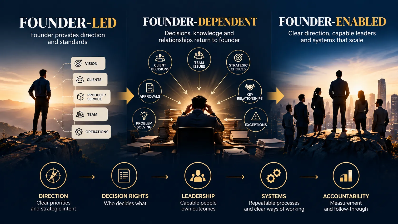 Founder-led to founder-dependent to founder-enabled business maturity framework