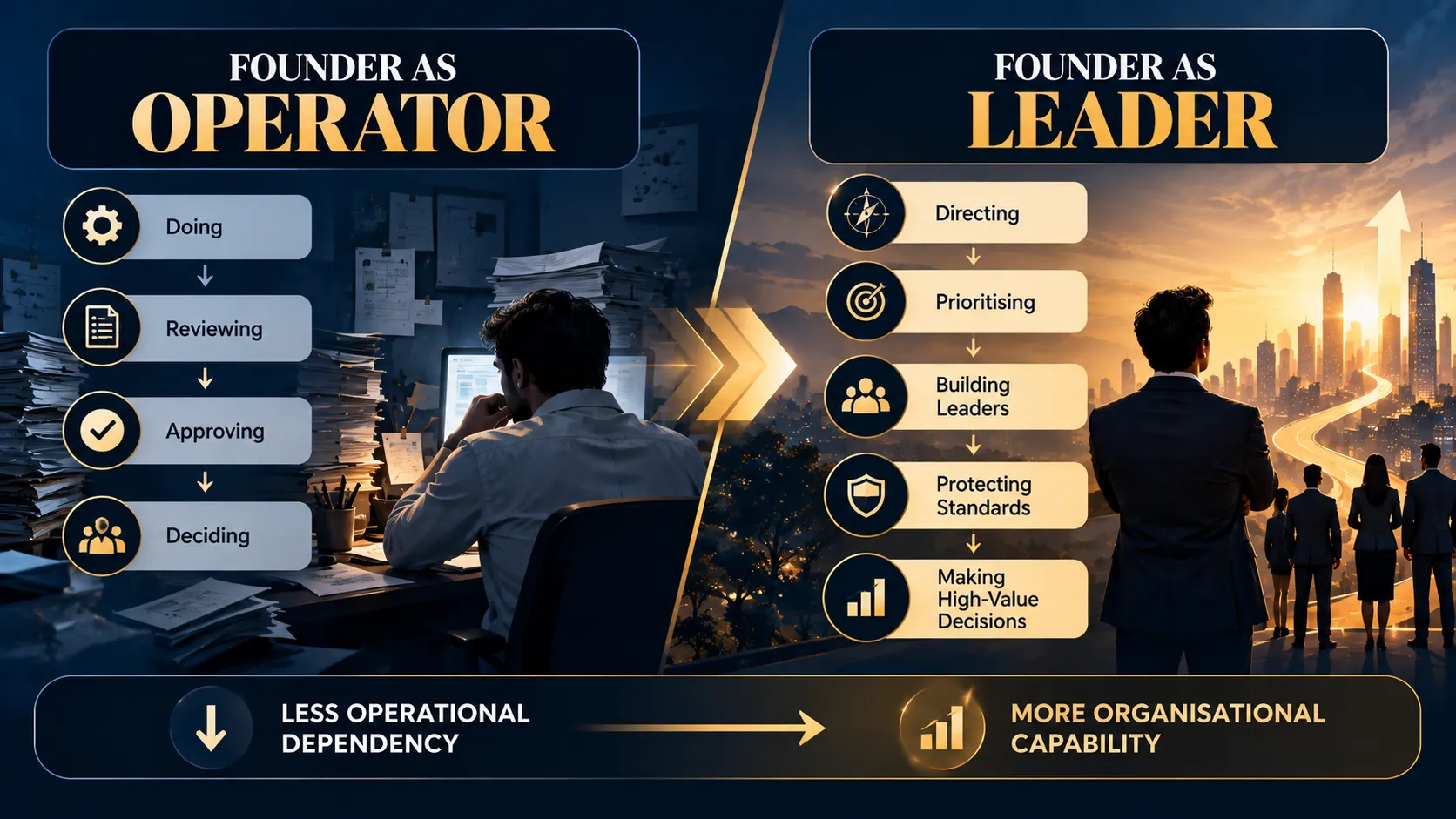 Founder role evolving from operator and approver to strategic leader as a business scales