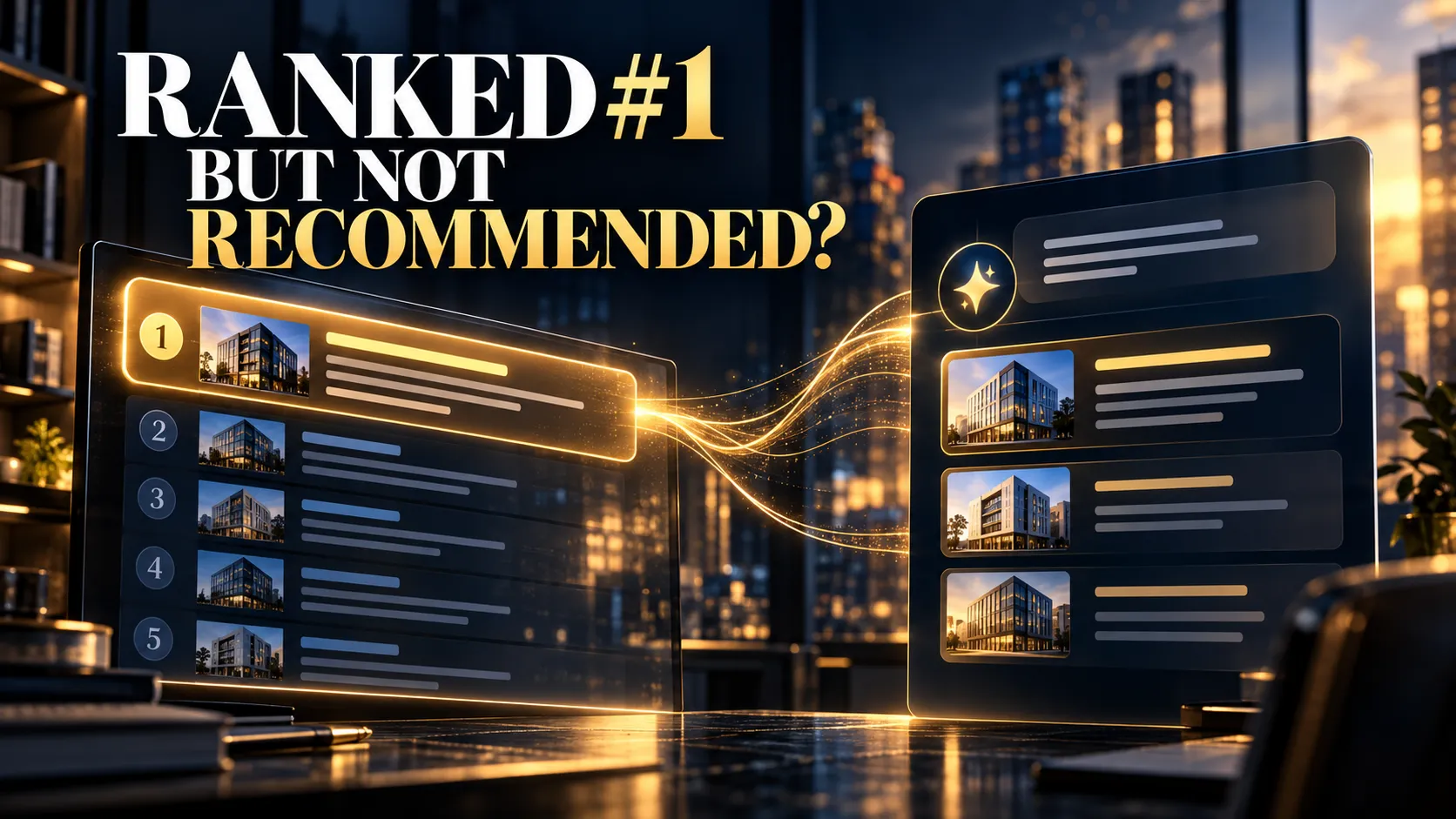 AI recommendations compared with traditional Google search rankings in a cinematic business illustration.