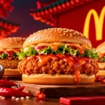 Korean-inspired burger with rich red-orange sauce, sesame bun and crispy chicken, illustrating cultural marketing strategy and McDonald’s India’s Gochujang Butter Sauce campaign.