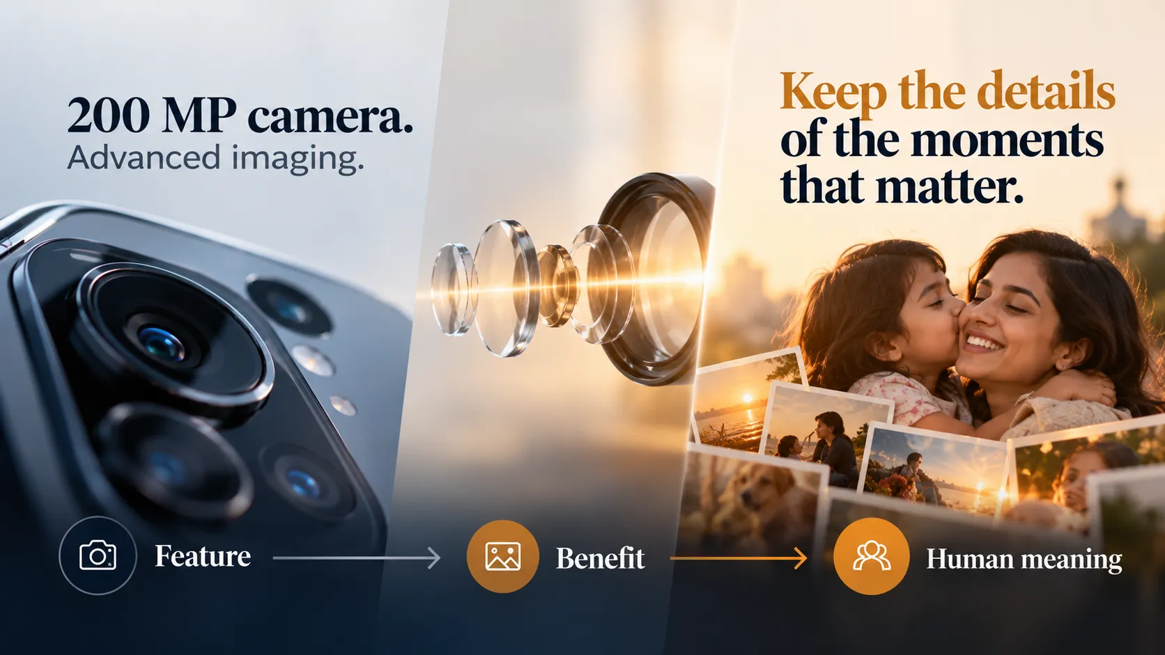 Smartphone brand storytelling: infographic showing how OPPO camera features connect technical benefits with the human meaning of everyday moments.