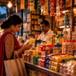 Rural FMCG growth in India, illustrated by everyday packaged food and beverage products in an Indian neighbourhood retail shop.