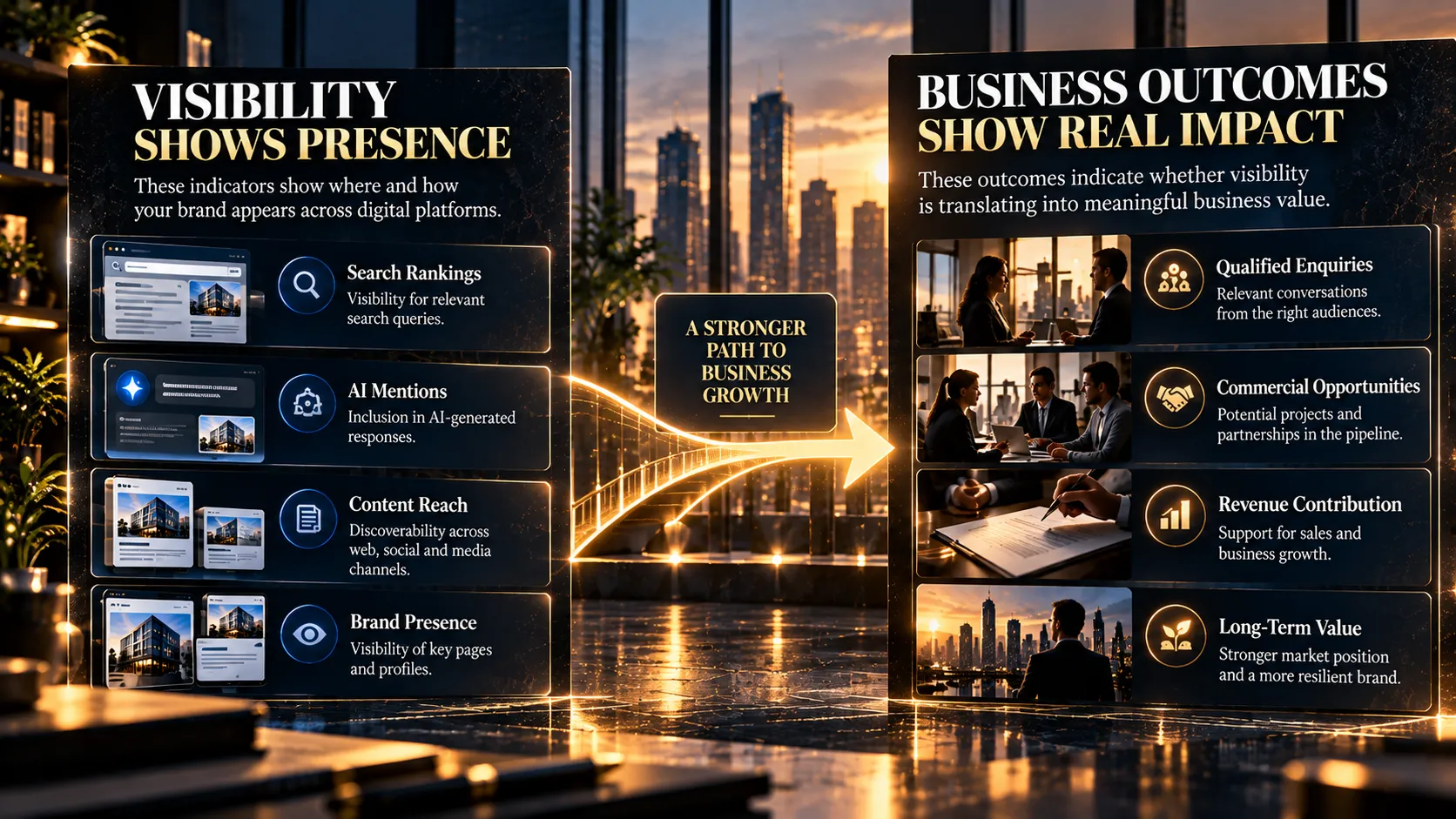 Cinematic infographic contrasting digital visibility indicators with business outcomes such as qualified enquiries, commercial opportunities, revenue contribution and long-term value.