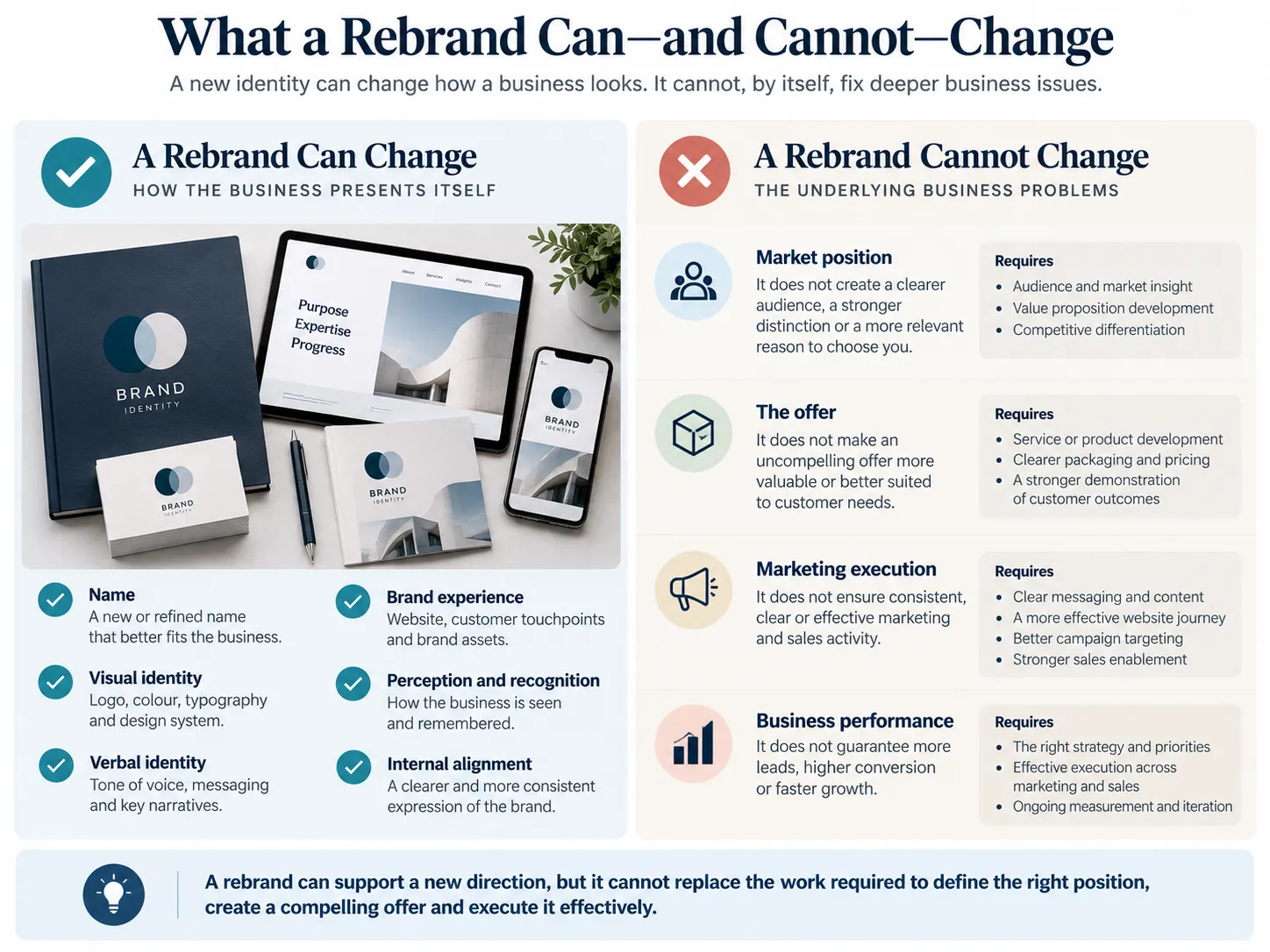 What rebranding can change in brand identity and what requires improvements to positioning, the offer and execution